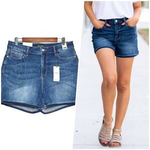 Judy Blue | Women | Ava Splattered Cuffed Hem High Waist Denim Shorts | Size 1XL